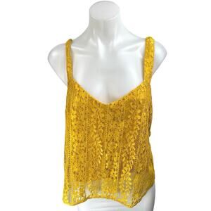 Lush Yellow Floral Lace Sleeveless V-neck Cami Camisole Tie Strap Tank Top Sz L
